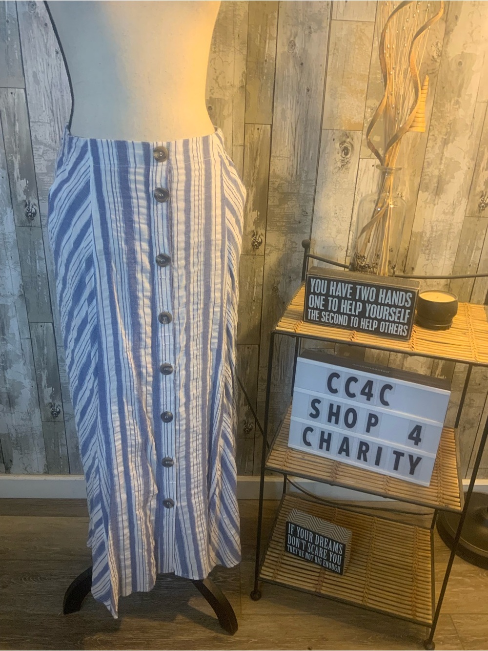 Kori Blue and White Striped Button-Front Maxi Skirt